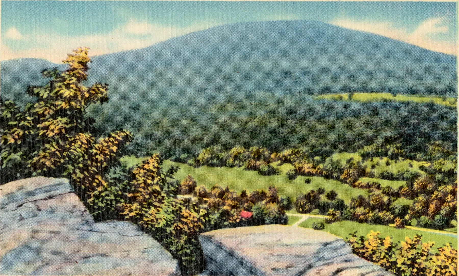 A vintage linen postcard view of Round Top Mountain in the Catskills